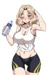  1girl arm_behind_head arm_up bike_shorts black_shorts blonde_hair blue_eyes blush bottle breasts cleavage commentary cowboy_shot eyebrows_visible_through_hair eyes_closed frown girls_und_panzer gluteal_fold groin hair_intakes holding holding_bottle kay_(girls_und_panzer) large_breasts long_hair looking_at_viewer midriff mimuni362 navel one_eye_closed parted_lips print_shorts shirt shorts simple_background skindentation solo standing sweat tank_top thigh_gap water_bottle white_background white_shirt 