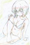  1girl absurdres arm_support bangs barefoot bikini brown_eyes brown_hair collarbone color_trace colored_pencil_(medium) commentary eyebrows_visible_through_hair front-tie_bikini front-tie_top girls_und_panzer hand_on_own_knee highres kitazinger leaning_back leg_up legs light_blush navel nishizumi_maho parted_lips short_hair sitting skindentation solo swimsuit traditional_media wardrobe_malfunction white_bikini 