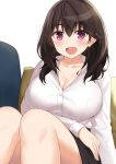  1girl :d arm_across_waist bangs black_hair black_skirt blush breasts cccpo cleavage collarbone commentary_request eyebrows_visible_through_hair highres knees_up large_breasts long_hair long_sleeves looking_at_viewer open_mouth original pillow purple_eyes shirt simple_background sitting skirt smile solo white_background white_shirt 