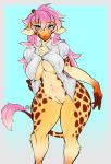  anthro avante92 big_breasts blue_eyes blush breasts brown_spots clothed clothing female fur giraffe giraffid hair hi_res horn looking_at_viewer mammal nude ossicone pink_hair pussy simple_background solo spots wide_hips yellow_fur 
