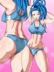  1girl armpits arms_up ass back bandaid bandaid_on_face bare_shoulders bikini blue_bikini_bottom blue_eyes blue_hair blue_scrunchie blue_sports_bra blush breasts cameltoe captain_mizuki cleavage collarbone erect_nipples gluteal_fold hair_ornament hair_scrunchie hair_up high_ponytail highleg highleg_bikini highres large_breasts long_hair looking_up multiple_views muscle muscular_female navel one-punch_man open_mouth pink_background round_teeth scrunchie steaming_body studiotagata sweat sweating_profusely sweaty_clothes swimsuit teeth thick_thighs thighs toned tongue wide_hips 
