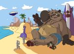  2019 3_toes absurd_res andythetanuki anon anthro beach belly big_belly brown_fur canid canine clothed clothing crocodile crocodilian crocodylid digital_media_(artwork) english_text fur hi_res human macro male mammal micro moobs navel open_mouth overweight overweight_male paws raccoon_dog reptile scalie seaside size_difference swimming_trunks swimwear text toes 