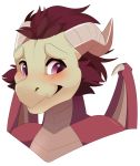  2019 anthro blush bust_portrait digital_media_(artwork) dragon feve grey_scales hair hi_res horn looking_at_viewer male membranous_wings multicolored_scales portrait purple_eyes purple_hair red_scales scales scalie short_hair shy simple_background solo tan_scales white_background wings 