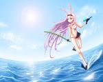  1girl absurdres animal_ears asymmetrical_clothes asymmetrical_legwear azur_lane bare_shoulders breasts bunny_ears cleavage_cutout cloud dated english_text groin hairband highres long_hair navel ocean pink_hair shimakaze_(azur_lane) skirt small_breasts solo swimsuit uranophane water water_gun yellow_eyes 