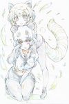  2girls :d absurdres animal_ears between_legs black_gloves black_legwear black_shirt brown_eyes closed_mouth color_trace colored_pencil_(medium) elbow_gloves eyebrows_visible_through_hair giant_panda_(kemono_friends) gloves half-closed_eyes hand_between_legs hands_together highres hug hug_from_behind interlocked_fingers kemono_friends kitazinger kneeling leaning_forward legs lesser_panda_(kemono_friends) light_blush light_frown long_sleeves looking_at_viewer midriff miniskirt multiple_girls navel open_mouth orange_eyes orange_hair panda_ears pantyhose pleated_skirt red_panda_ears red_panda_tail rubbing_eyes school_uniform serafuku shirt shoes short_hair short_sleeves skirt sleepy smile standing striped_tail tail traditional_media white_hair white_shirt 