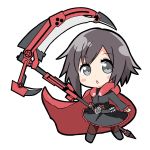  1girl :o absurdres bangs black_dress blush cape chibi commentary commentary_request crescent_rose dress grey_eyes highres holding holding_weapon kanocchi red_cape ruby_rose rwby short_dress short_hair silver_eyes solo weapon 