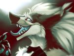  2019 4:3 anthro black_fur blue_eyes blue_tongue bust_portrait claws danji-isthmus digital_media_(artwork) fur looking_at_viewer male multicolored_fur open_mouth portrait sergal sharp_teeth side_view signature solo teeth tongue two_tone_fur white_claws white_fur 