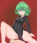  1boy 1girl black_dress breasts cheesoart closed_mouth covered_navel curly_hair dress female_focus green_eyes green_hair highres long_sleeves looking_to_the_side matching_hair/eyes medium_breasts no_panties one-punch_man penis pussy pussy_juice red_background short_hair simple_background smile tatsumaki thick_thighs thighs 