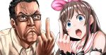  1boy 1girl a.i._channel anger_vein angry angry_video_game_nerd black_hair blue_eyes brown_hair collared_shirt commentary crossover drums_(artist) frown furrowed_eyebrows glasses hairband highres james_rolfe kizuna_ai long_hair middle_finger multicolored_hair open_mouth pink_hairband sailor_collar shirt simple_background sleeveless sleeveless_shirt streaked_hair upper_body veins virtual_youtuber white_background 