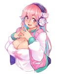  1girl absurdres aqua_hair blush breasts cleavage gofa headphones highres jacket large_breasts letterman_jacket long_hair looking_at_viewer multicolored_hair nitroplus open_mouth pink_eyes pink_hair pink_jacket shirt smile solo super_sonico t-shirt two-tone_hair upper_body virtual_youtuber white_jacket 