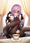  black-framed_eyewear breasts chair crotch_seam cup curtains elbow_gloves eyebrows_visible_through_hair eyes_visible_through_hair fate/grand_order fate_(series) feet glasses gloves hair_over_one_eye large_breasts mash_kyrielight necktie no_shoes panties panties_under_pantyhose pantyhose pink_hair purple_eyes rhasta room short_hair sitting soles table tea teacup thighband_pantyhose toes underwear 