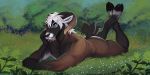  2019 anthro basil_(omari) biped black_hooves black_nose bovid brown_fur brown_horn brown_tail caprine cloven_hooves detailed_background digital_media_(artwork) facial_piercing fur goat grass green_eyes hair hooves horn legs_up lip_piercing lip_ring looking_at_viewer lying male mammal multicolored_fur nude omari on_front outside piercing plant shrub signature smile solo tailwag two_tone_fur url white_fur white_hair 