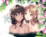  2girls ahoge bangs bathing black_hair blue_eyes blush breasts brown_eyes brown_hair collarbone commentary_request copyright_request dark_skin eyebrows_visible_through_hair facial_scar flower hair_between_eyes hand_on_another&#039;s_head hand_on_another&#039;s_shoulder korean_commentary long_hair multiple_girls nardack nude parted_bangs parted_lips partially_submerged pink_flower plant scar seductive_smile small_breasts smile upper_body water water_drop wet wet_hair yuri 
