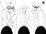  4:3 aggressive_retsuko anthro big_penis blush clothed clothing comparing comparing_penis domestic_pig elephant elephantid greyscale group haida hi_res holding_penis humanoid_penis hyaenid male mammal monochrome mr_ton penis precum proboscidean reymon_comander sanrio spotted_hyena standing suid suina sus_(pig) vein 