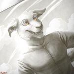  1:1 2019 alien anthro biped brown_eyes canid clothing cloud commander_keen conditional_dnp detailed_background digital_media_(artwork) floppy_ears fur half-length_portrait male mammal monochrome partially_colored portrait ratte sepia shirt signature sky smile solo teeth topwear vorticon 