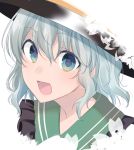  1girl :d asa_(coco) bangs black_headwear commentary_request eyebrows_visible_through_hair flower frilled_shirt_collar frills green_eyes green_hair hair_between_eyes komeiji_koishi looking_at_viewer open_mouth portrait short_hair simple_background smile solo touhou white_background 