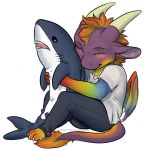  2018 alpha_channel ambiguous_gender anthro blahaj blush clothed clothing colored_scales digital_media_(artwork) dragon fish hair horn marine monstercheetah orange_hair plushie raynar shark simple_background smile transparent_background 