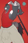 absurd_res anthro big_bulge bulge clothed clothing equid equine hi_res horse looking_at_viewer male mammal muscular muscular_male red_background reymon_comander shirt simple_background solo standing tank_top topwear 