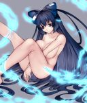  1girl aoshima arms_between_legs ass aura bags_under_eyes bangs barefoot blue_bow blue_eyes blue_hair bow breasts collarbone commentary_request convenient_arm debt empty_eyes feet_out_of_frame grey_background hair_between_eyes hair_bow head_tilt highres knee_up large_breasts leg_up long_hair looking_at_viewer nude simple_background sitting solo touhou very_long_hair yorigami_shion 