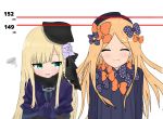  2girls ^_^ abigail_williams_(fate/grand_order) absurdres atsumisu bangs black_bow black_dress black_gloves black_headwear blonde_hair blue_coat blush bow closed_eyes closed_mouth commentary_request crossed_arms dress eyebrows_visible_through_hair eyes_closed facing_viewer fate/grand_order fate_(series) forehead fur_collar gloves green_eyes hair_bow hat highres long_hair long_sleeves looking_at_another looking_to_the_side lord_el-melloi_ii_case_files multiple_girls orange_bow parted_bangs parted_lips polka_dot polka_dot_bow reines_el-melloi_archisorte simple_background smile squiggle tilted_headwear very_long_hair white_background 