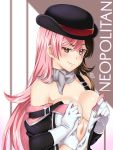  1girl bare_shoulders blush breasts brown_eyes brown_hair character_name cleavage cleaver gloves grey_scarf hat heterochromia highres maroonabyss medium_breasts multicolored_hair neo_(rwby) partially_undressed pink_eyes pink_hair raised_eyebrow rwby scarf smile solo strap_slip upper_body white_gloves 