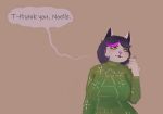  anthro big_breasts black_hair blush breasts catti_(deltarune) clothing comic deltarune dialogue domestic_cat eyelashes felid feline felis fur hair hair_highlights makeup mammal mascara opheober pink_highlights pink_nose simple_background speech_bubble sweater tan_background text topwear video_games white_fur yellow_eyes 