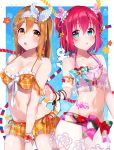  2girls :o absurdres bangs bare_shoulders bikini bikini_skirt blue_hairband blue_ribbon blush bow bracelet brown_eyes brown_hair collarbone commentary_request diagonal_stripes eyebrows_visible_through_hair goroo_(eneosu) green_eyes groin hair_between_eyes hair_ribbon hairband highres jewelry kunikida_hanamaru kurosawa_ruby long_hair love_live! love_live!_sunshine!! multiple_girls navel open_mouth orange_bikini parted_lips pink_bikini pink_ribbon plaid plaid_bikini red_hair ribbon round_teeth see-through short_hair side-tie_bikini star striped striped_bow striped_ribbon swimsuit teeth thick_eyebrows unmoving_pattern upper_teeth 