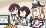  3girls bangs black_gloves black_hair blonde_hair blue_eyes braid breasts brown_hair capelet celtic_knot commentary_request cowboy_shot cream_puff dated food gloves graf_zeppelin_(kantai_collection) green_eyes grey_eyes hair_between_eyes hamu_koutarou hat hayasui_(kantai_collection) highres iron_cross jacket kantai_collection large_breasts long_hair midriff military_hat multiple_girls necktie noshiro_(kantai_collection) peaked_cap pleated_skirt red_skirt school_uniform serafuku short_hair sidelocks silver_eyes skirt sleeveless swept_bangs table television track_jacket twin_braids twintails upper_body white_gloves white_jacket 