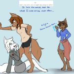  1:1 2019 4_toes aaron_(wolfie-pawz) anthro barefoot biped bottomwear breasts canid canine canis clothed clothing dialogue digital_media_(artwork) digitigrade english_text eyebrows female flirting fully_clothed fur group hair humanoid_hands jen_ambler long_hair male mammal maya_turner medium_breasts on_ground shirt shorts simple_background sitting skirt smile smirk standing text toes topwear what_the_hart_wants white_fur white_hair wolf wolfie-pawz 