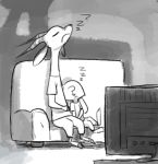  2018 ambiguous_gender antelope anthro barefoot bovid clothed clothing duo eyes_closed fuel_(artist) fuel_(character) gazelle grey_background greyscale horn mammal monochrome simple_background sitting sleeping sofa sound_effects television zzz 