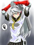  1girl android bangs black_skirt blush breasts eyebrows_visible_through_hair grey_hair hair_between_eyes hands_up highres kamui_sathi labrys long_hair looking_at_viewer neckerchief open_mouth outdoors persona persona_4:_the_ultimate_in_mayonaka_arena pleated_skirt ponytail rain red_eyes robot_joints sailor_collar school_uniform serafuku short_sleeves simple_background skirt solo standing upper_body water wet 