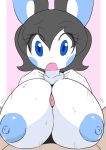  2018 anthro anthrofied areola bailey_(kirbot12) big_breasts biped black_hair blue_areola blue_eyes blue_nipples border breasts digital_media_(artwork) duo emolga eyelashes fan_character female female_focus first_person_view grey_hair hair hi_res huge_breasts male male/female male_pov mammal motion_lines nintendo nipples open_mouth penis pink_background pok&eacute;mon pok&eacute;mon_(species) pok&eacute;morph rodent sciurid sex simple_background solo_focus sugaru titfuck video_games white_border 