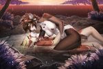  2019 anthro antlers breasts cheek_tuft chest_tuft collaboration duo elbow_tufts eyes_closed f-r95 female female/female french_kissing fur green_nipples green_tongue hi_res hioshiru horn hot_spring kissing lying mammal nipples nude on_back onsen partially_submerged tongue tongue_out tree tuft unknown_species ursid water wet wet_fur 