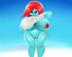  2018 3v4 android big_breasts blue_skin breasts butt clothing dibujosv12 digital_media_(artwork) female hair hi_res huge_breasts long_hair machine nipples not_furry purple_eyes pussy red_hair red_nipples robot shirt solo thick_thighs topwear white_clothing white_shirt white_topwear wide_hips 