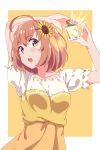  1girl :o absurdres ahoge arms_up bangs blush bottle breasts brown_hair collarbone commentary_request dress eyebrows_visible_through_hair flower green_eyes hair_flower hair_ornament hairclip highres holding honma_himawari karahai_(31448823) looking_at_viewer medium_breasts multicolored multicolored_clothes multicolored_dress nijisanji open_mouth orange_background perfume_bottle ribbon-trimmed_sleeves ribbon_trim short_hair short_sleeves solo sunflower_hair_ornament tareme upper_body 