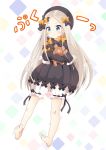  1girl :t abigail_williams_(fate/grand_order) bangs barefoot black_bow black_dress black_headwear bloomers blue_eyes blush bow brown_hair bug butterfly closed_mouth commentary_request dress eyebrows_visible_through_hair fate/grand_order fate_(series) forehead full_body hair_bow hat insect long_hair long_sleeves looking_away massala object_hug orange_bow parted_bangs polka_dot polka_dot_bow pout sleeves_past_fingers sleeves_past_wrists soles solo stuffed_animal stuffed_toy teddy_bear toenails underwear v-shaped_eyebrows very_long_hair white_bloomers 