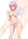  1girl bare_shoulders black-framed_eyewear blue_bra blue_panties blush bra breasts cleavage collarbone fate/grand_order fate_(series) fukuda_shuushi glasses hair_over_one_eye highres large_breasts lavender_hair looking_at_viewer mash_kyrielight navel panties purple_eyes purple_hair short_hair solo thighs underwear white_background 