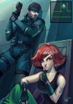  1boy 1girl bandanna bare_shoulders blue_eyes breasts brown_hair flipped_hair gloves gun map medium_breasts meryl_silverburgh metal_gear_(series) metal_gear_solid red_hair short_hair sitting sneaking_suit solid_snake standing tank_top weapon 