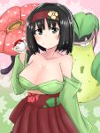  1girl bangs black_eyes blush breasts cleavage erika_(pokemon) gen_1_pokemon hairband holding holding_poke_ball japanese_clothes kimono large_breasts motoo05 off_shoulders poke_ball pokeball pokemon pokemon_(creature) pokemon_(game) pokemon_lgpe smile victreebel vileplume 