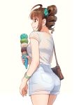  1girl ahoge ass bag bangs blunt_bangs blush bralines breasts brown_hair closed_mouth commentary_request cowboy_shot drill_hair eyebrows_visible_through_hair food from_behind hair_ornament hair_scrunchie handbag holding holding_food ice_cream ice_cream_cone idolmaster idolmaster_million_live! kamille_(vcx68) medium_breasts profile red_eyes scrunchie shirt short_hair short_shorts short_sleeves shorts shoulder_bag side_ponytail smile solo white_shirt white_shorts wristband yokoyama_nao 