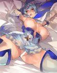  1girl armpits bangs blue_dress blue_hair blush breasts breasts_outside censored detached_sleeves dress dress_pull granblue_fantasy hair_between_eyes hyakuhachi_(over3) large_breasts lying macula_marius nipples on_back open_mouth red_eyes saliva short_hair skirt solo thighhighs thighs tiara 