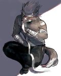  bandage black_fur canid canine canis clothing domestic_dog fur headband hi_res male mammal muscular muscular_male pants pecs solo stakeho_lder tadatomo tokyo_afterschool_summoners video_games wounded 
