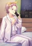  1girl :d alternate_hairstyle bed bed_frame blurry brown-framed_eyewear commentary_request curtains depth_of_field fate/grand_order fate_(series) feet_out_of_frame forehead glasses hair_ribbon hairband hand_on_own_chest haru_(hiyori-kohal) holding holding_phone indoors jacket_on_shoulders long_sleeves mash_kyrielight on_bed open_mouth pajamas phone pillow pink_hair polka_dot purple_eyes ribbon short_hair sitting sitting_on_bed smile solo talking_on_phone unmoving_pattern wings yellow_hairband yellow_ribbon 