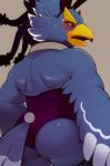  2019 anthro avian beak blush breath_of_the_wild butt clothed clothing corset crossdressing feathers green_eyes hi_res korosuke lingerie looking_at_viewer looking_back male muscular muscular_male nintendo rear_view revali rito simple_background solo standing tail_feathers the_legend_of_zelda video_games 
