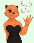  &lt;3 2019 anthro black_eyes breasts clothing cool_cat_(series) domestic_cat dress english_text eyelashes felid feline felis female fur gesture hi_res jewelry looking_at_viewer mammal momma_cat necklace one_eye_closed open_mouth orange_fur simple_background solo sparklingbatman standing text waving wink 