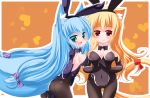  2girls :d animal_ear_fluff animal_ears bangs black_hairband black_leotard black_neckwear blonde_hair blue_eyes blue_hair blush bow bowtie breasts brown_legwear bunny_ears bunny_girl bunnysuit cat_ears cat_girl cat_tail cleavage closed_mouth collar commentary_request covered_navel detached_collar elbow_gloves eyebrows_visible_through_hair fake_animal_ears gloves gluteal_fold hair_between_eyes hair_bow hairband heart high_heels index_finger_raised kanijiru large_breasts leotard long_hair multiple_girls open_mouth original outline pantyhose purple_bow purple_footwear purple_gloves purple_leotard purple_neckwear red_eyes red_ribbon ribbon shoes smile standing standing_on_one_leg strapless strapless_leotard tail tail_raised tail_ribbon very_long_hair white_collar white_outline wing_collar 