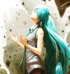  1girl crying eyes_closed green_hair hachijuu hatsune_miku highres long_hair necktie number_tattoo ponytail solo tattoo tears vocaloid 