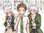  1girl 2boys ahoge beige_skirt black_jacket blush breasts brown_hair collarbone commentary_request danganronpa dated green_jacket green_neckwear happy happy_birthday hinata_hajime holding hood hooded_jacket jacket komaeda_nagito large_breasts long_sleeves medium_hair miyuzu multiple_boys nanami_chiaki necktie pants pink_neckwear pink_ribbon pleated_skirt ribbon shirt short_hair short_sleeves skirt smile super_danganronpa_2 sweatdrop white_hair white_shirt 