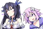  2girls bangs bare_shoulders blush breasts choujigen_game_neptune cleavage d-pad d-pad_hair_ornament eyebrows_visible_through_hair hair_ornament hair_ribbon hood hood_down kurozero long_hair medium_breasts multiple_girls neptune_(neptune_series) neptune_(series) noire purple_eyes purple_hair red_eyes ribbon rolling_eyes short_hair twintails 