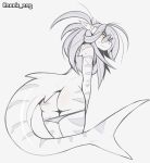  2019 absurd_res anthro bikini biped butt butt_pose clothing digital_media_(artwork) eyebrows eyewear female fin fish grey_background hair hi_res long_hair long_tail looking_at_viewer marine monochrome portrait shark simple_background smaller_version_at_source solo striped_ears striped_skin striped_tail stripes sunglasses swimwear tail_fin thick_tail three-quarter_portrait zkelle 